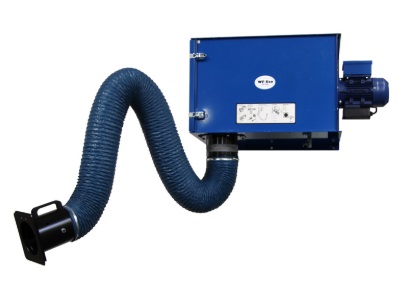 Product shot of Plymoth's WF-Eco Wall Mounted Filter with JetPulse cleaner - includes hanging self-supported articulated fume extraction arm